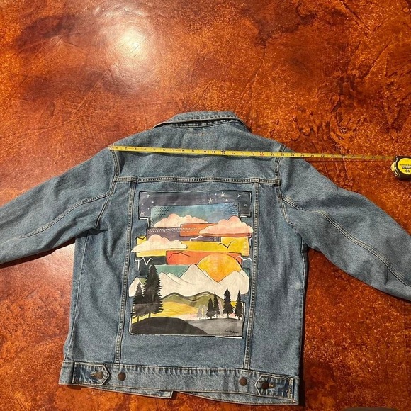 Pull Bear Denim Jacket Hand Painted Mountain Sunset Scene Mens XL - Picture 6 of 8